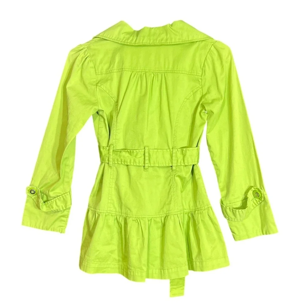 Takara Girls Size Medium‎ Bright Green Double Breasted Trench Coat Belted Ruffle